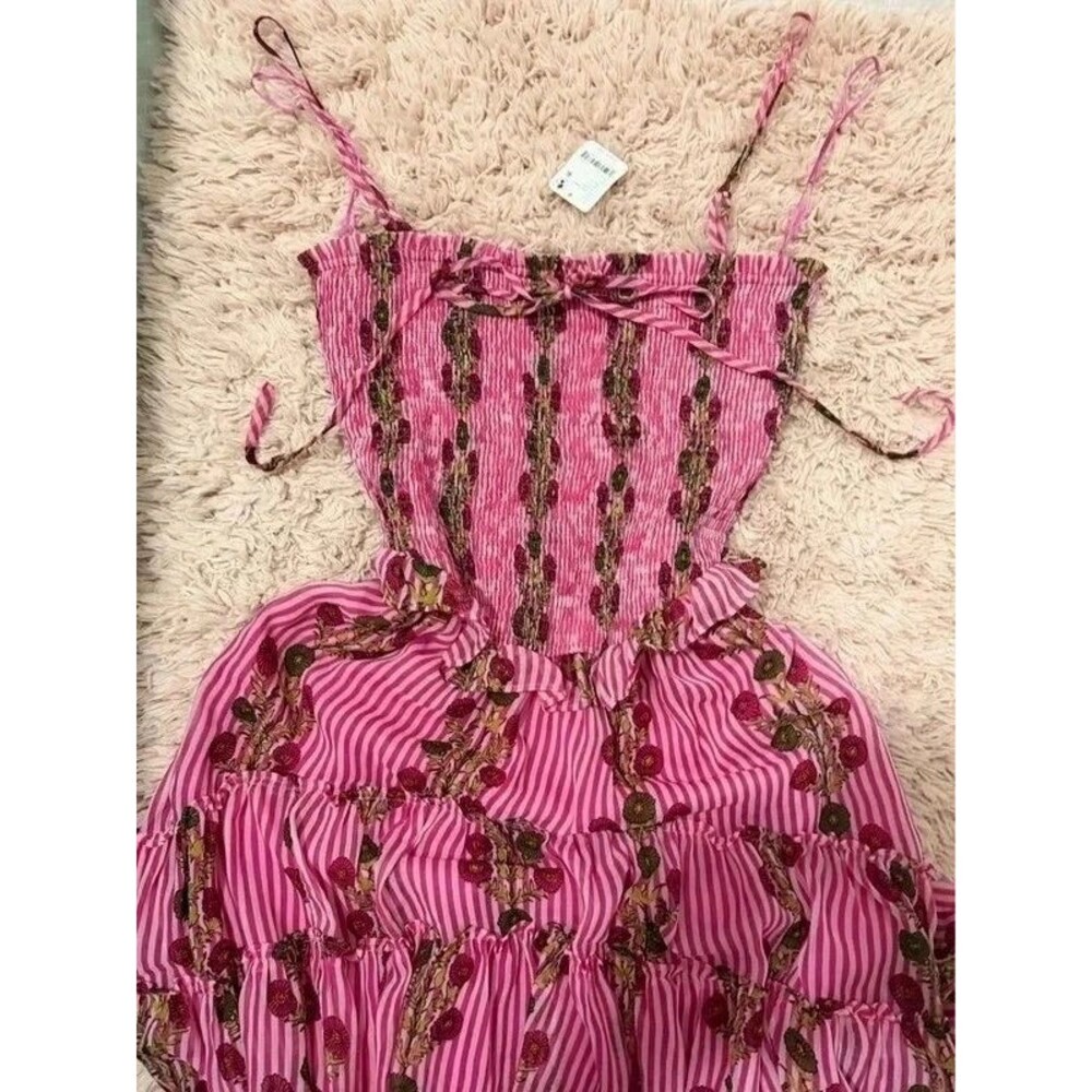 NWT Free People Hot Pink Floral Smocked Tiered Midi Dress L #073